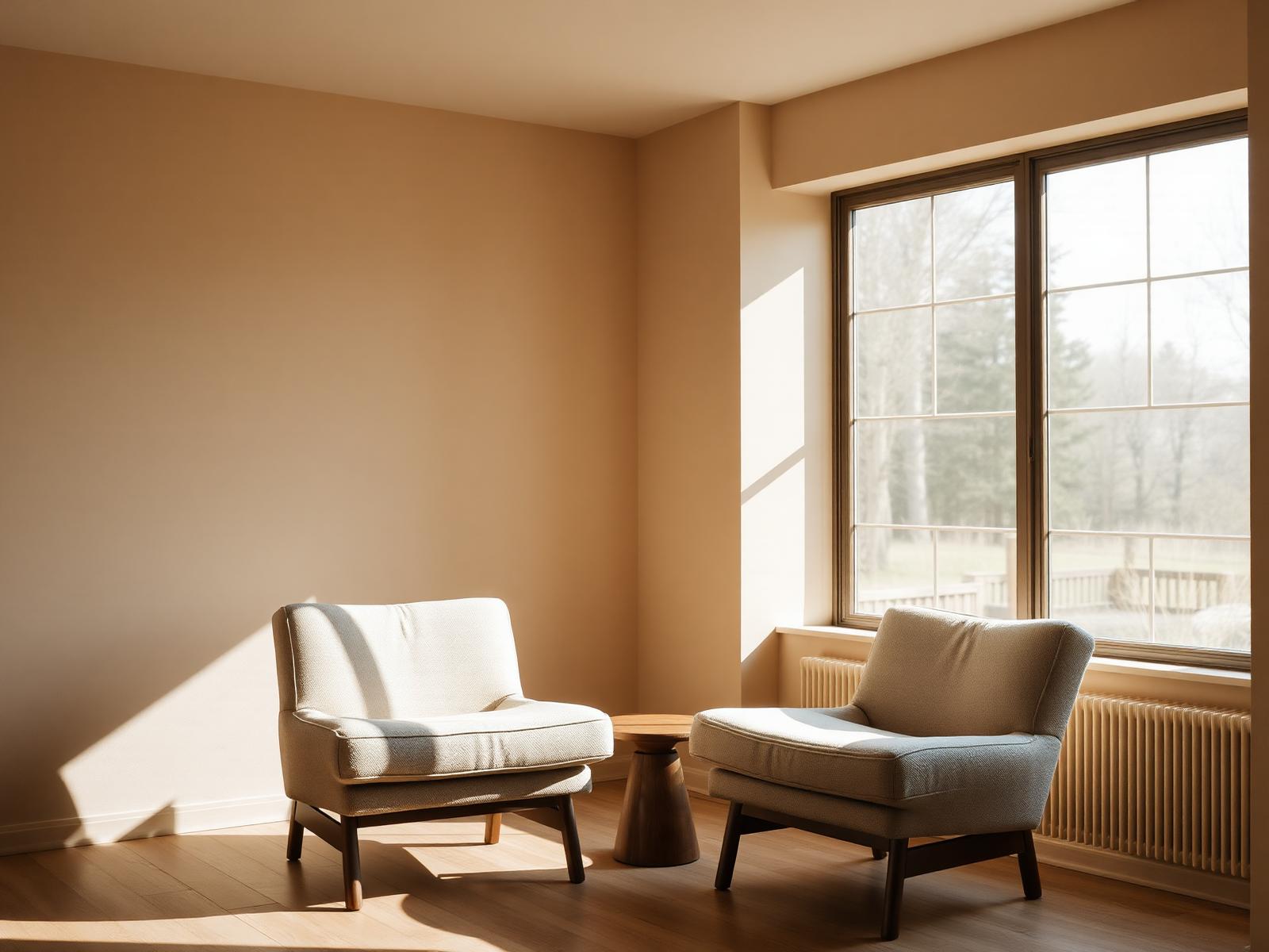 Two empty armchairs in a calm, sunlit room